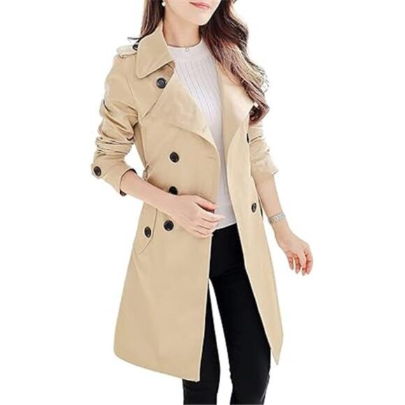 Women's Double-Breasted Trench Coat Classic Lapel Overcoat Slim - Picture 8 of 8